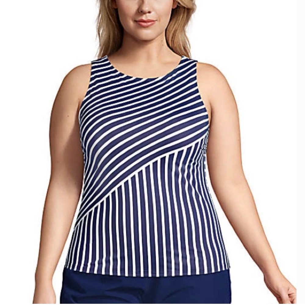 Lands’ End Deep Sea Mixed Stripe Swim Top NWOT